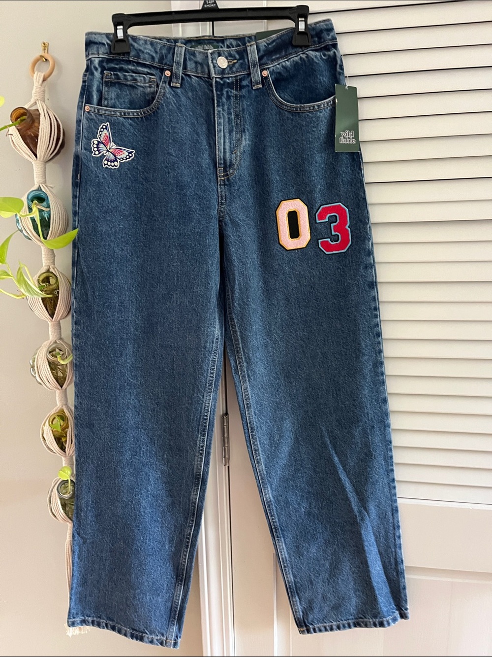 wild fable Blue Straight-Leg Jeans with Embroidered Patch Accents